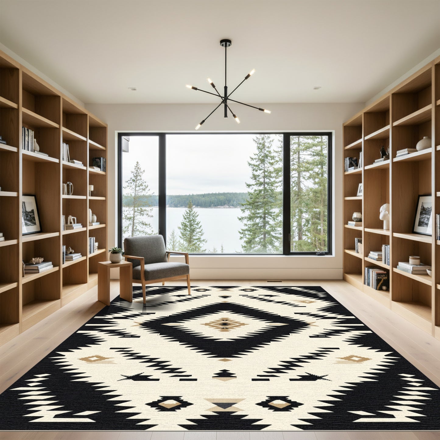 Bold Black Cream Diamond Tribal Rug