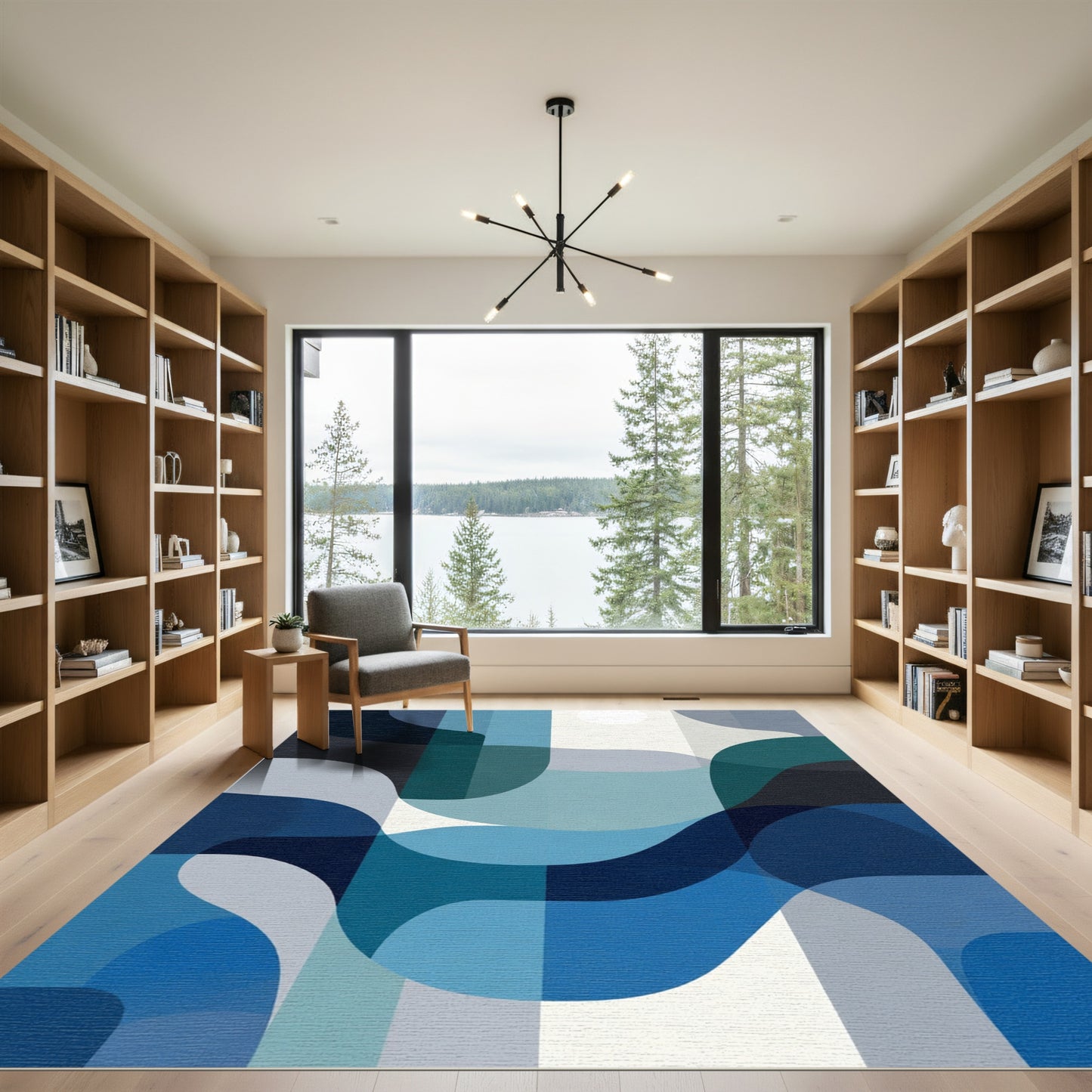 Modern Teal Blue Abstract Waves Rug