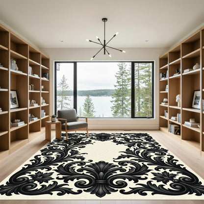 Black Scrollwork Fleur-de-lis Border Rug