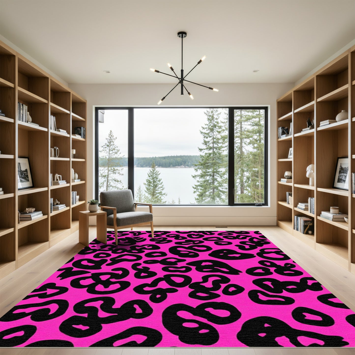 Vivid Pink Black Spotted Contemporary Rug