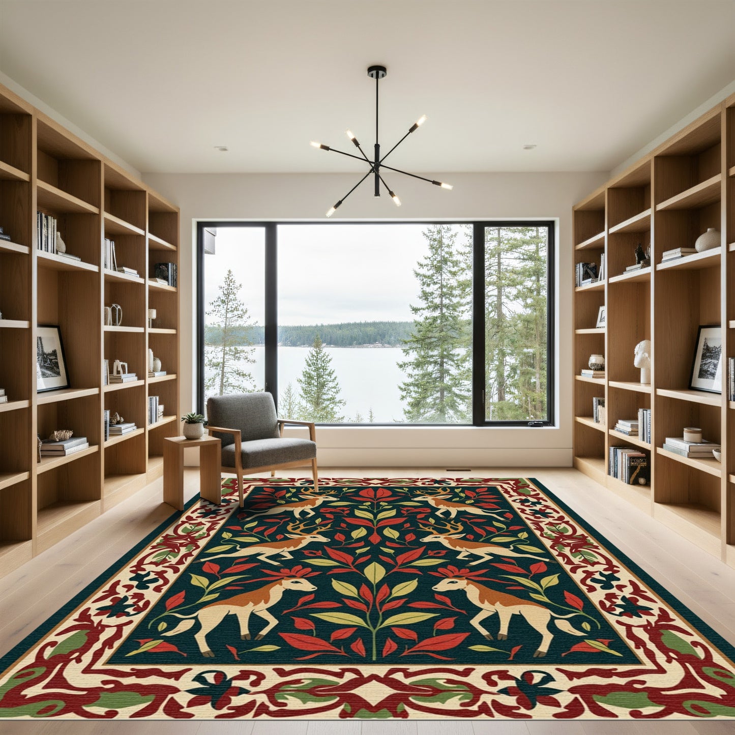 Deep Forest Deer Foliage Medallion Rug