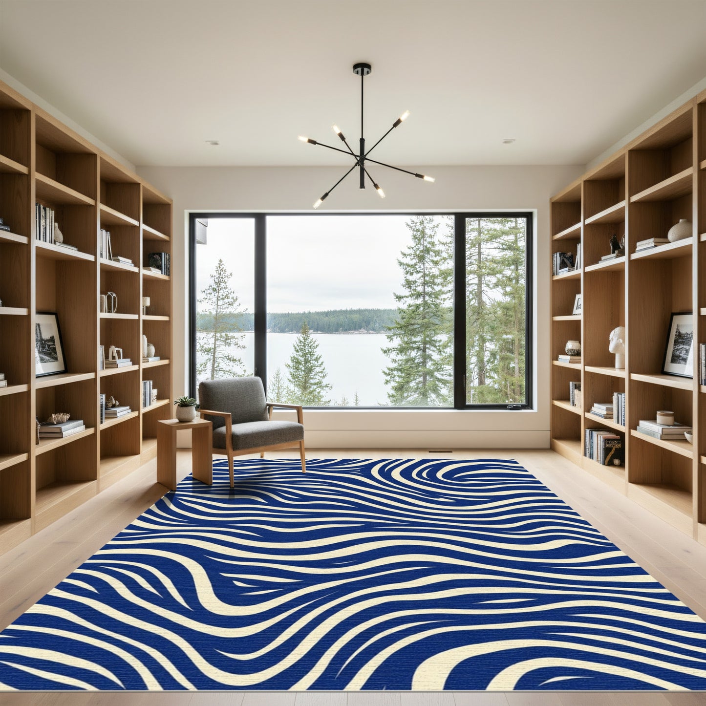 Midnight Blue Cream Swirling Lines Rug