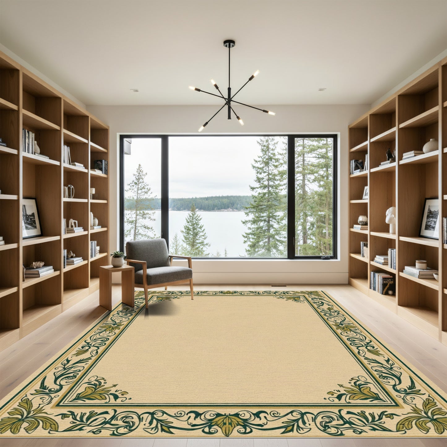 Elegant Green Cream Acanthus Border Rug
