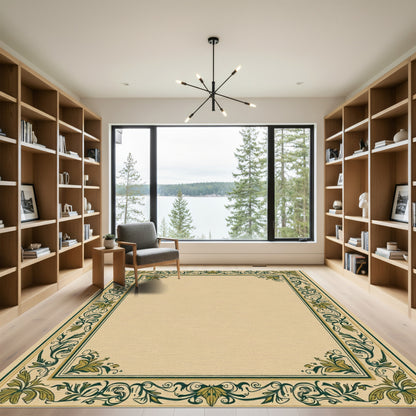 Elegant Green Cream Acanthus Border Rug