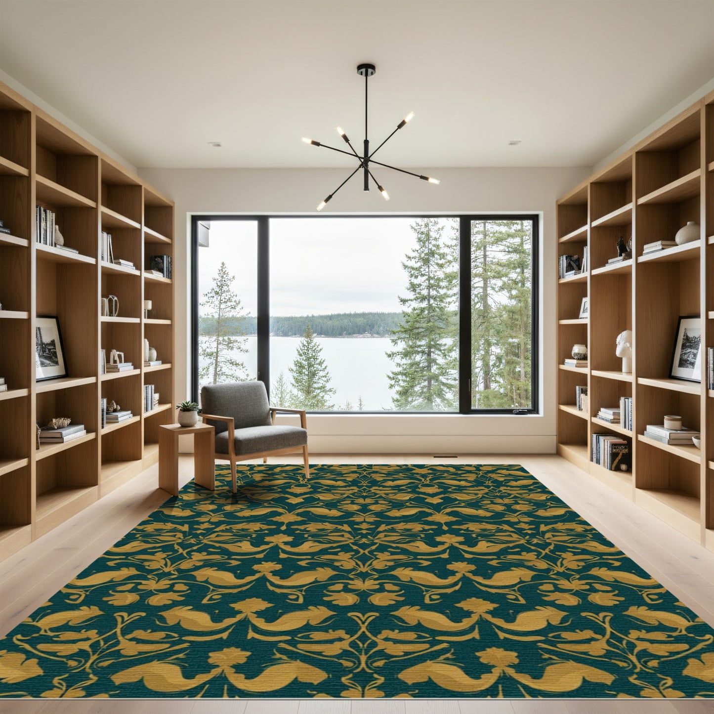 Deep Teal Gold Leaf Damask Rug
