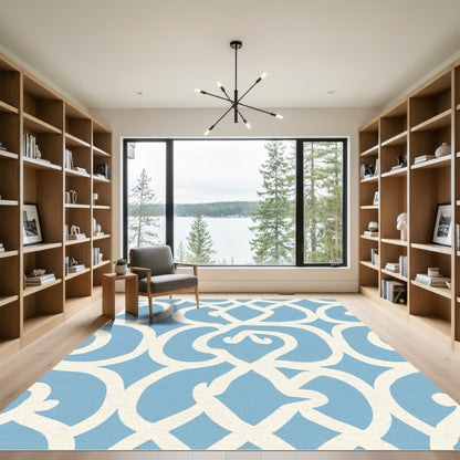 Sky Blue Scrollwork Lattice Rug