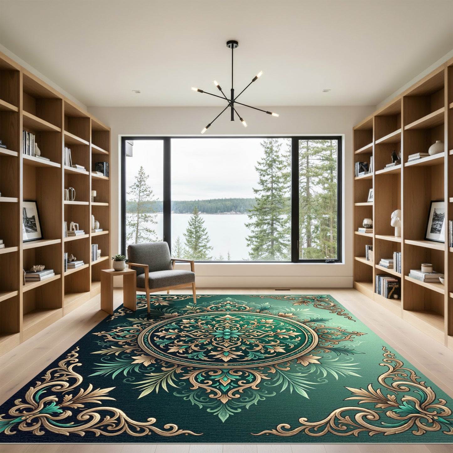 Emerald Teal Floral Filigree Medallion Rug