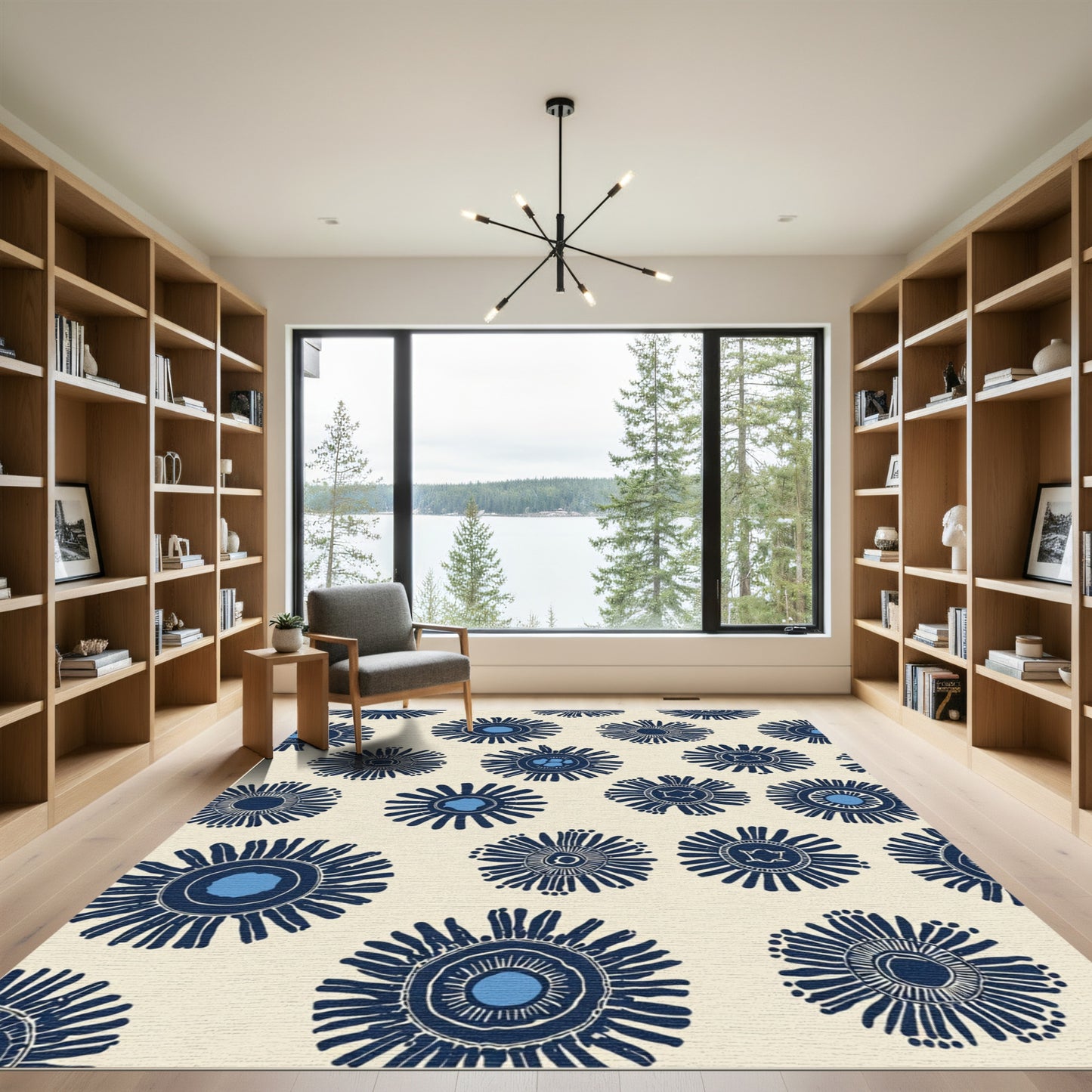 Navy Blue Sunburst Floral Cream Rug