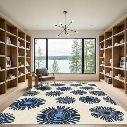 Navy Blue Sunburst Floral Cream Rug