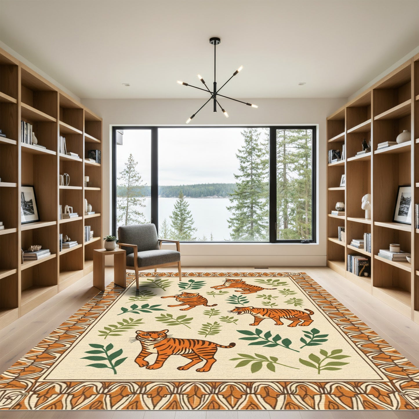 Orange Tigers Green Foliage Border Rug