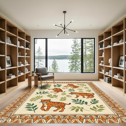 Orange Tigers Green Foliage Border Rug
