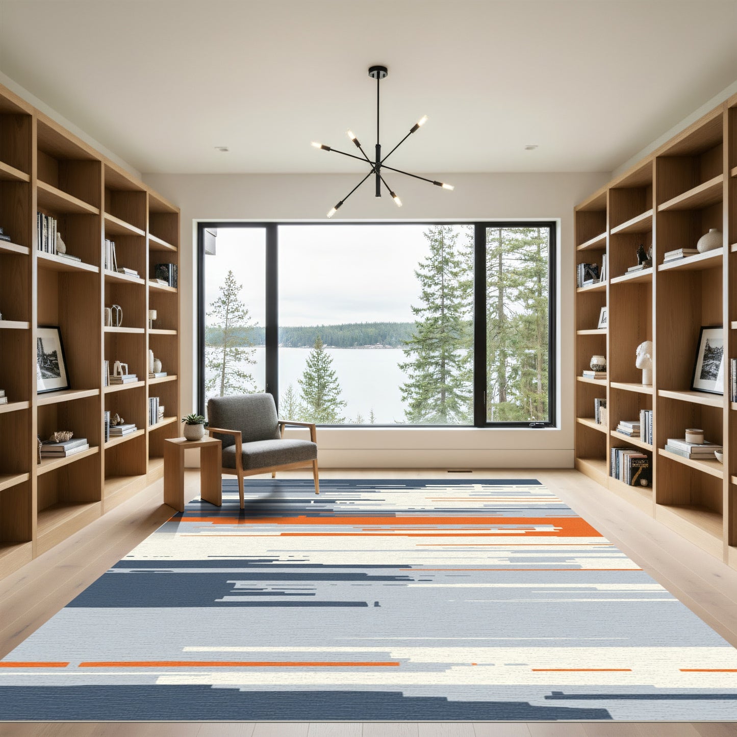 Modern Abstract Orange Blue Stripe Rug