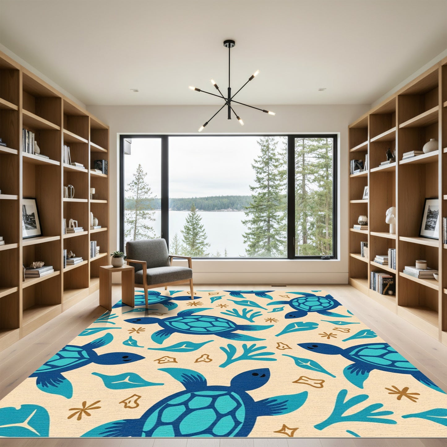 Blue Sea Turtle Aqua Leaf Motif Rug