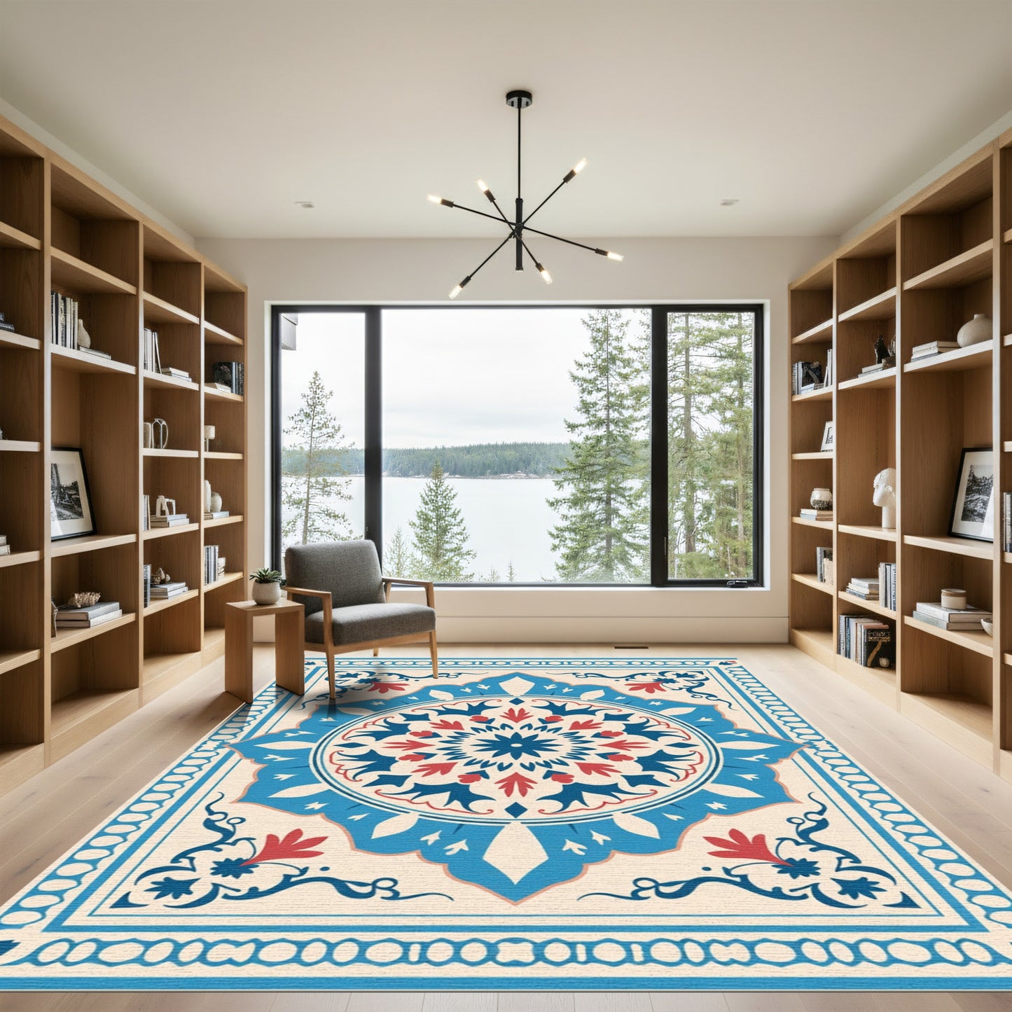 Navy Red Floral Medallion Cream Border Rug
