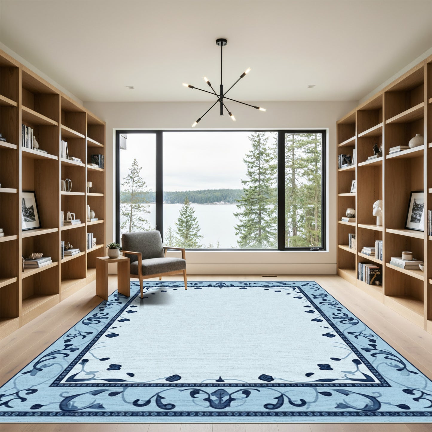 Pale Blue Floral Accented Border Rug