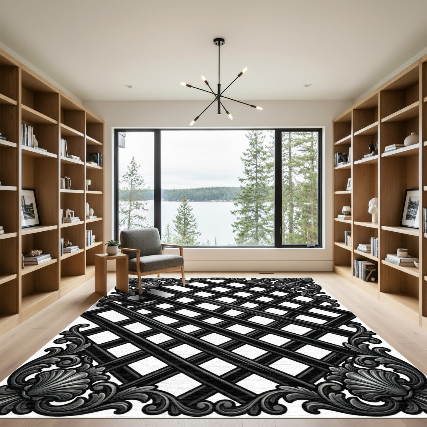 Ornate Black Lattice Scroll Rug