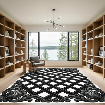 Ornate Black Lattice Scroll Rug