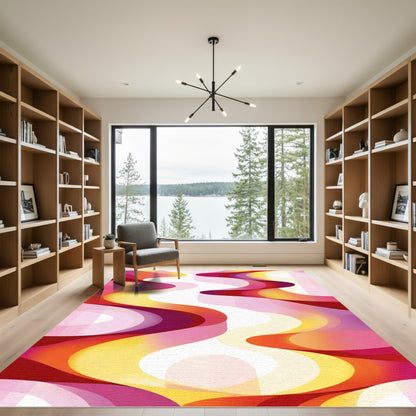 Vibrant Pink Yellow Swirl Flow Rug