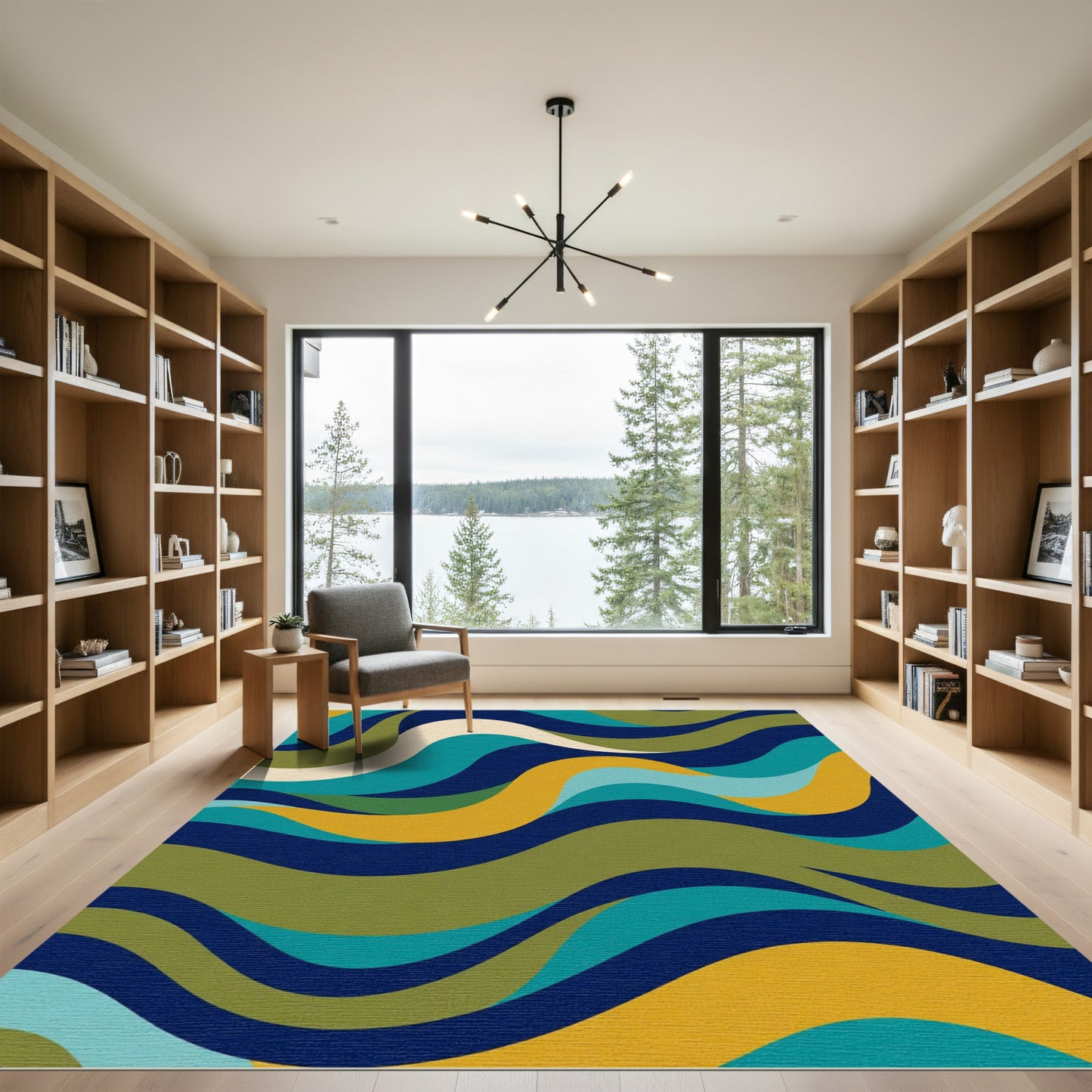 Abstract Flowing Waves Navy Teal Gold Rug