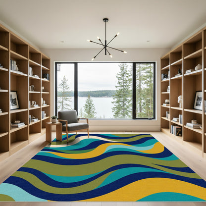 Abstract Flowing Waves Navy Teal Gold Rug