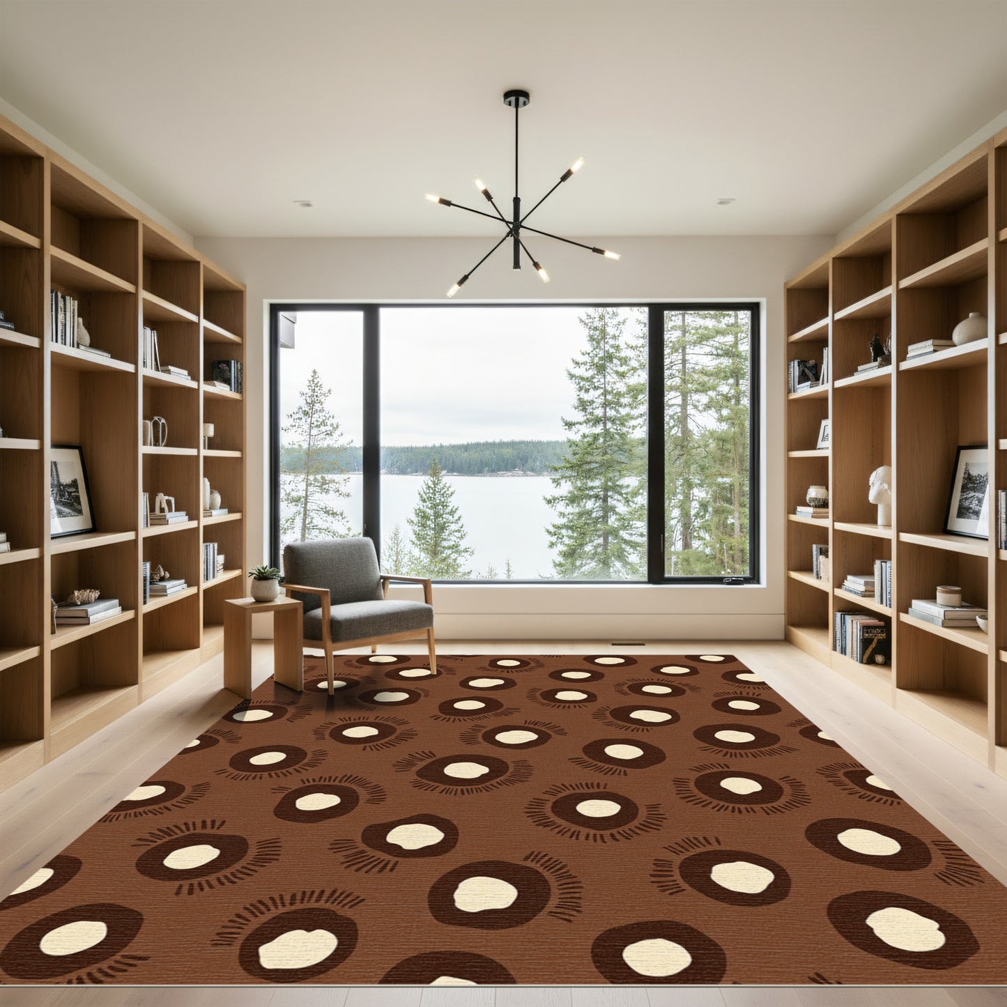 Brown Cream Abstract Floral Circles Rug