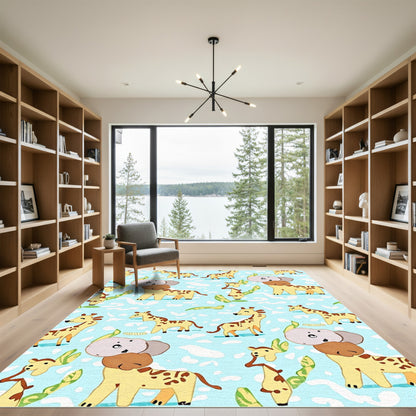 Whimsical Giraffe Elephant Safari Sky Rug