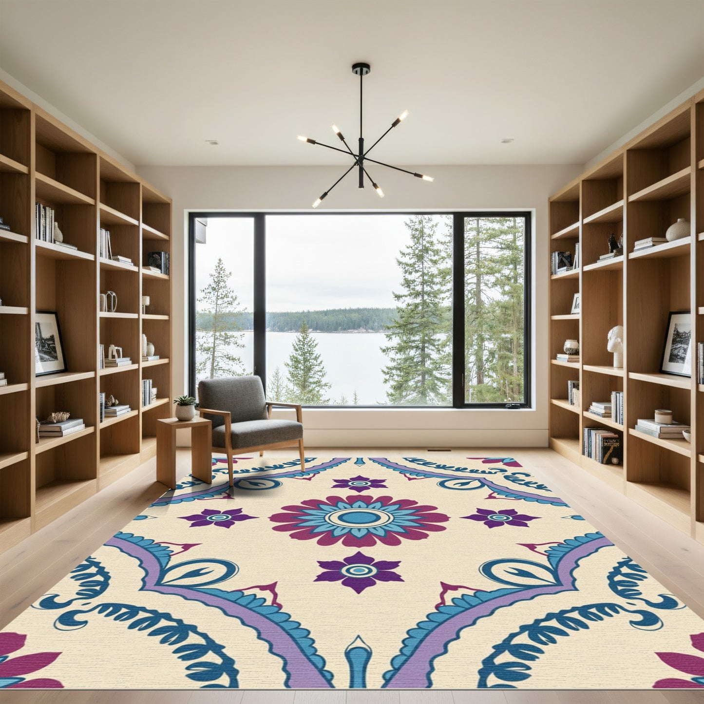 Purple Blue Floral Mandala Cream Rug