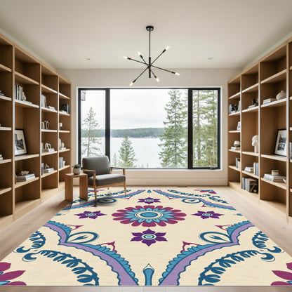 Purple Blue Floral Mandala Cream Rug