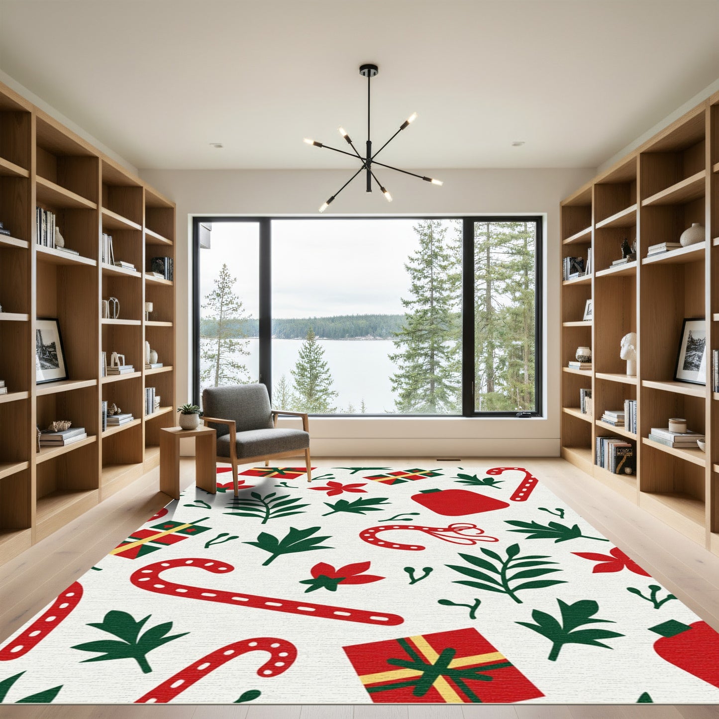 Christmas Gifts Poinsettia Candy Cane Leaves Rug