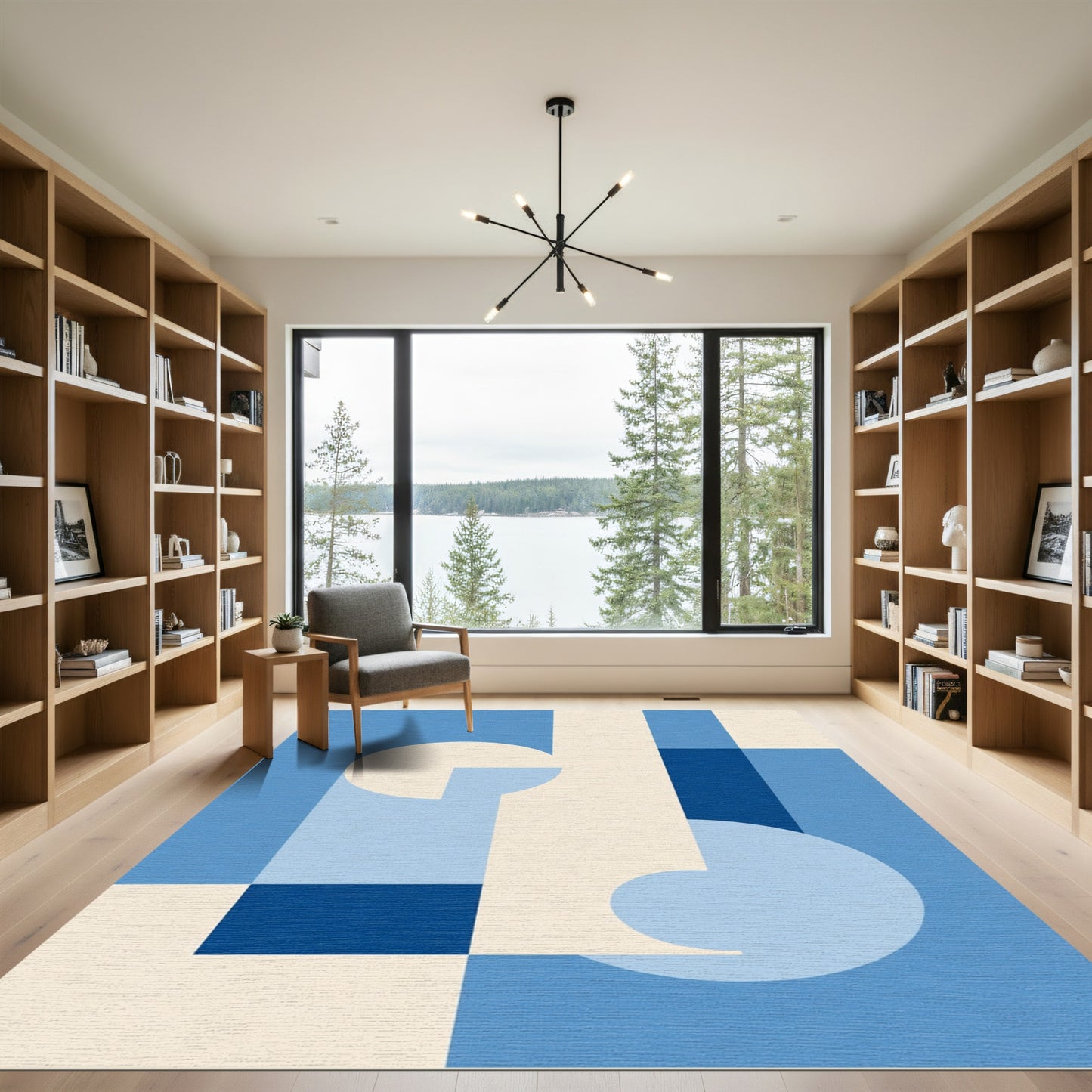 Modern Geometric Abstract Blue Cream Rug