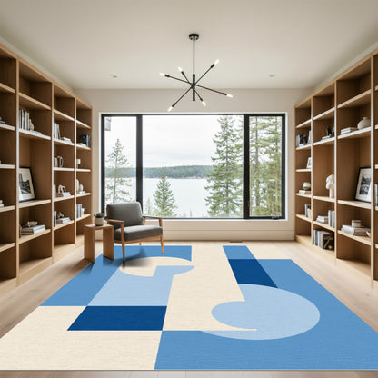 Modern Geometric Abstract Blue Cream Rug