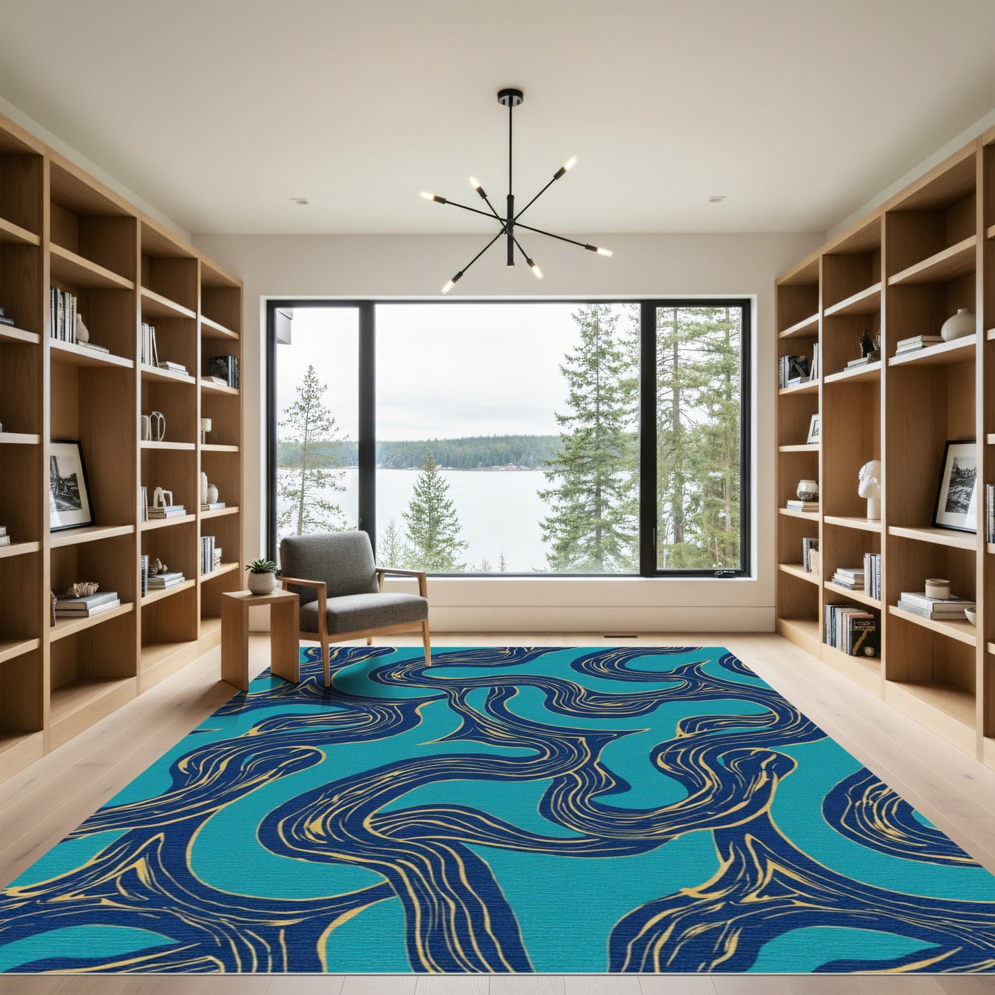 Deep Blue Teal Flowing Lines Rug