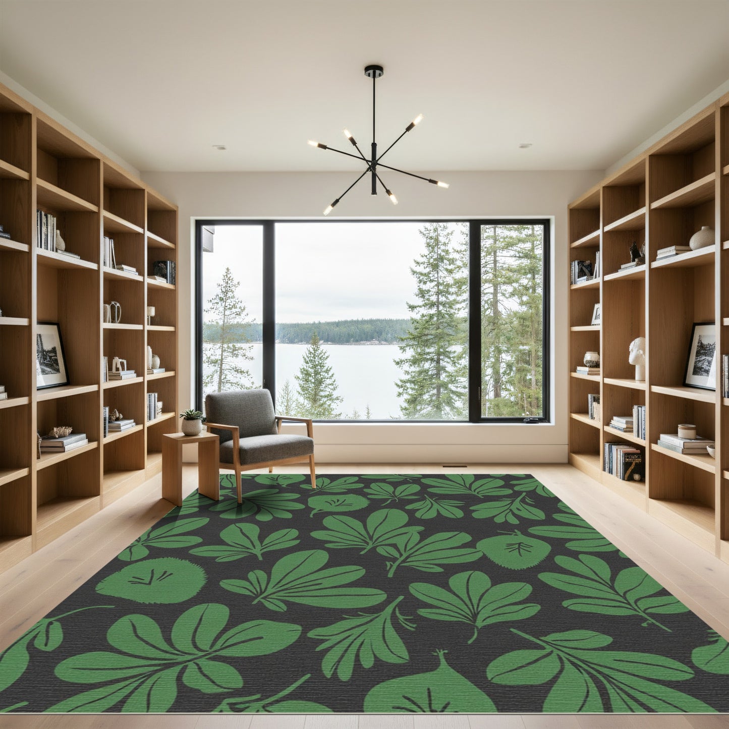 Dark Green Leafy Botanical Arrangement Rug