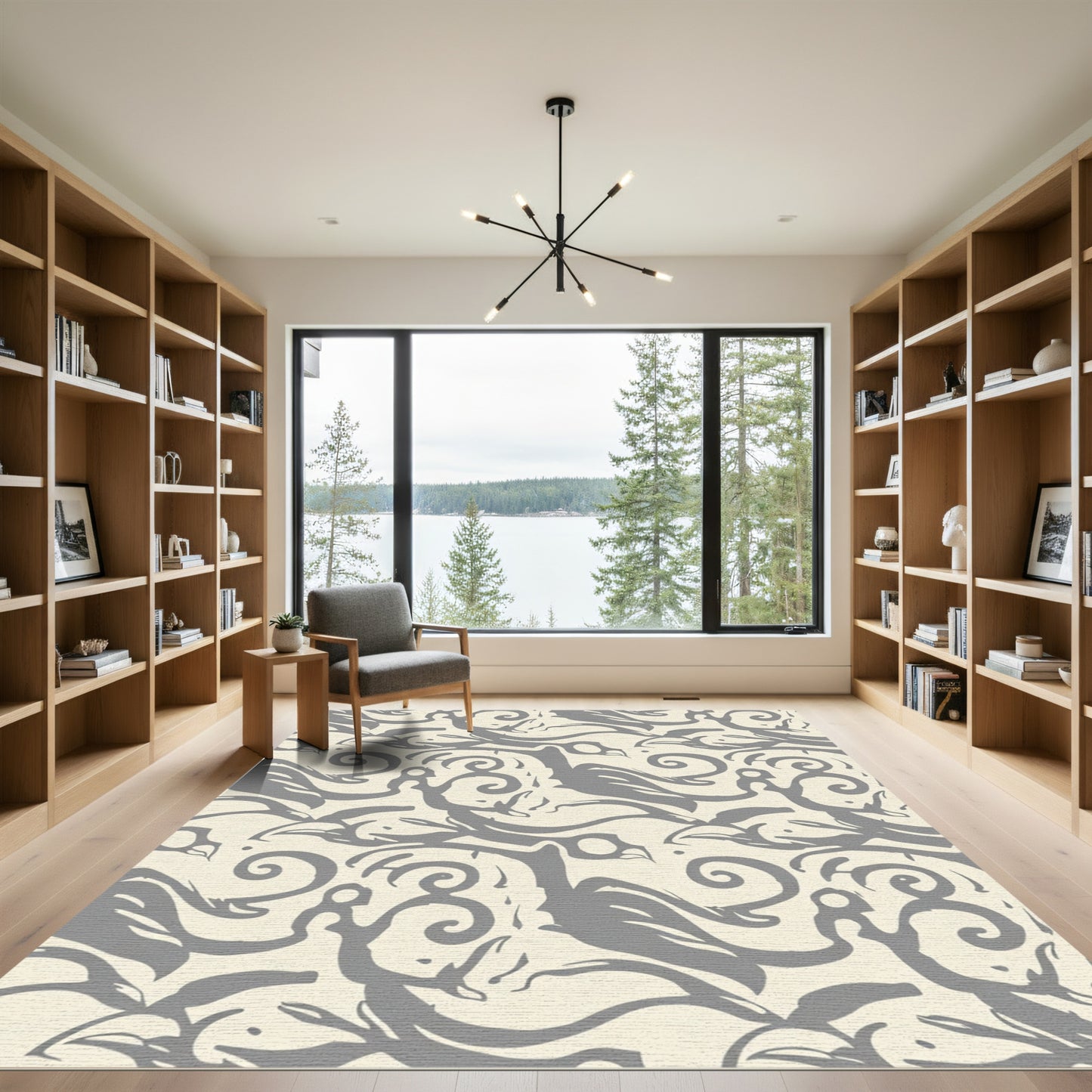 Gray Ivory Abstract Bird Swirl Rug