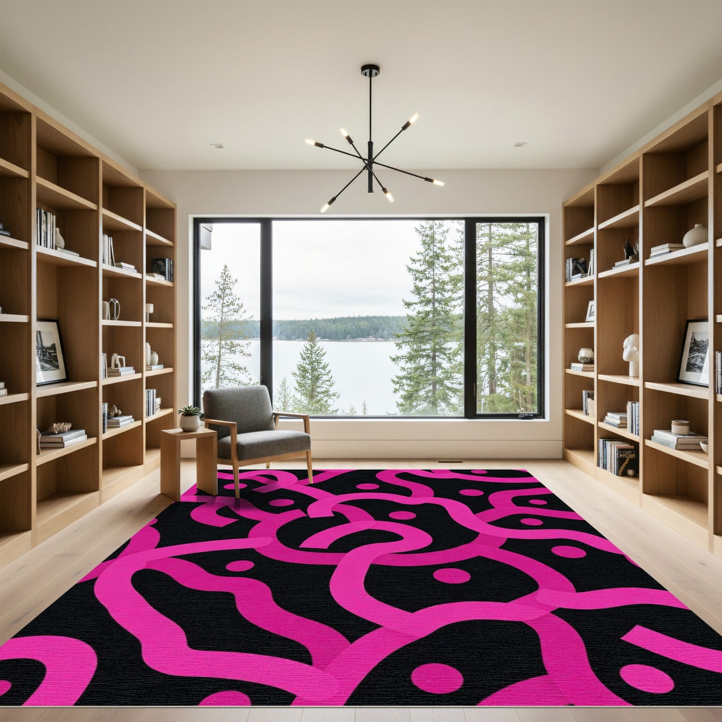 Vibrant Pink Swirls Black Dots Rug