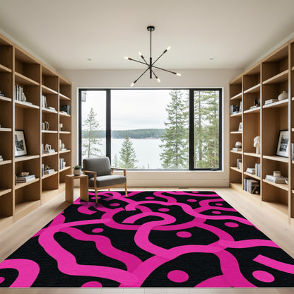 Vibrant Pink Swirls Black Dots Rug