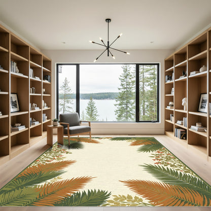 Terracotta Green Tropical Leaf Border Rug
