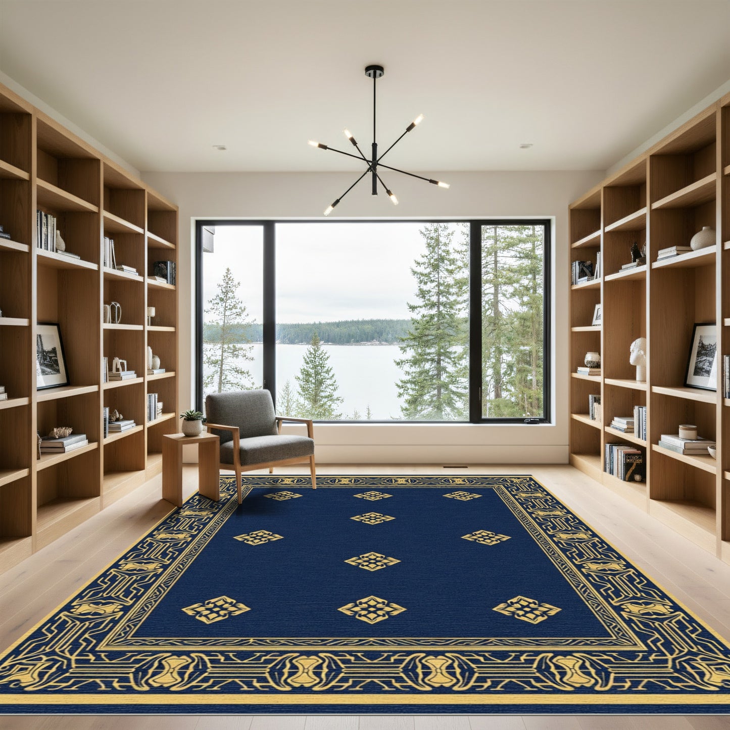 Navy Gold Elaborate Medallion Border Rug
