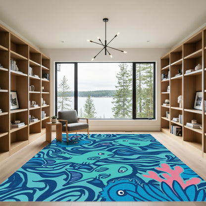 Aqua Blue Whimsical Fish Swirl Rug