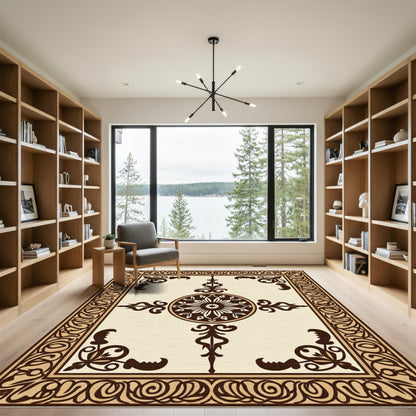 Brown Cream Ornamental Medallion Border Rug