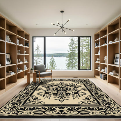 Black Beige Floral Medallion Square Rug