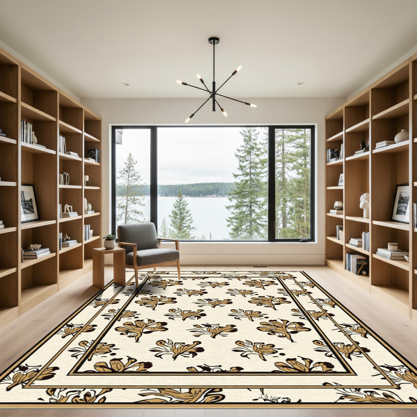 Golden Brown Floral Border Cream Rug
