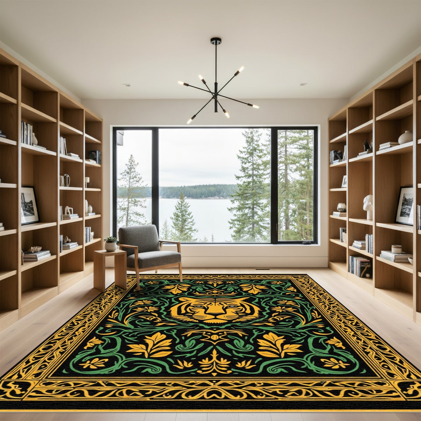 Bold Tiger Head Floral Border Rug