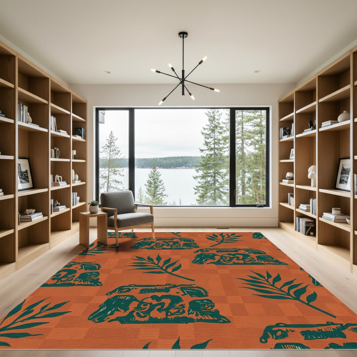 Terracotta Turquoise Figural Leaf Composition Rug