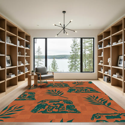Terracotta Turquoise Figural Leaf Composition Rug