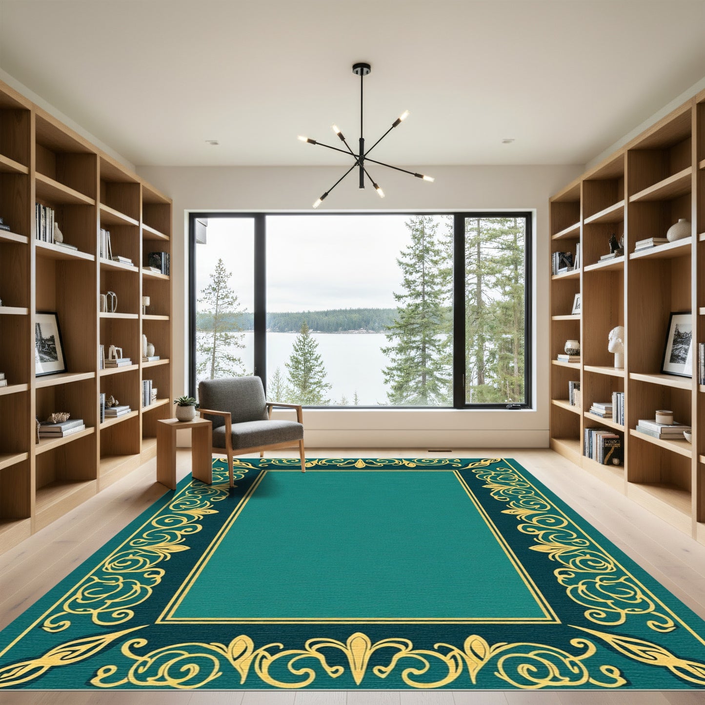 Teal Gold Ornate Scroll Border Rug