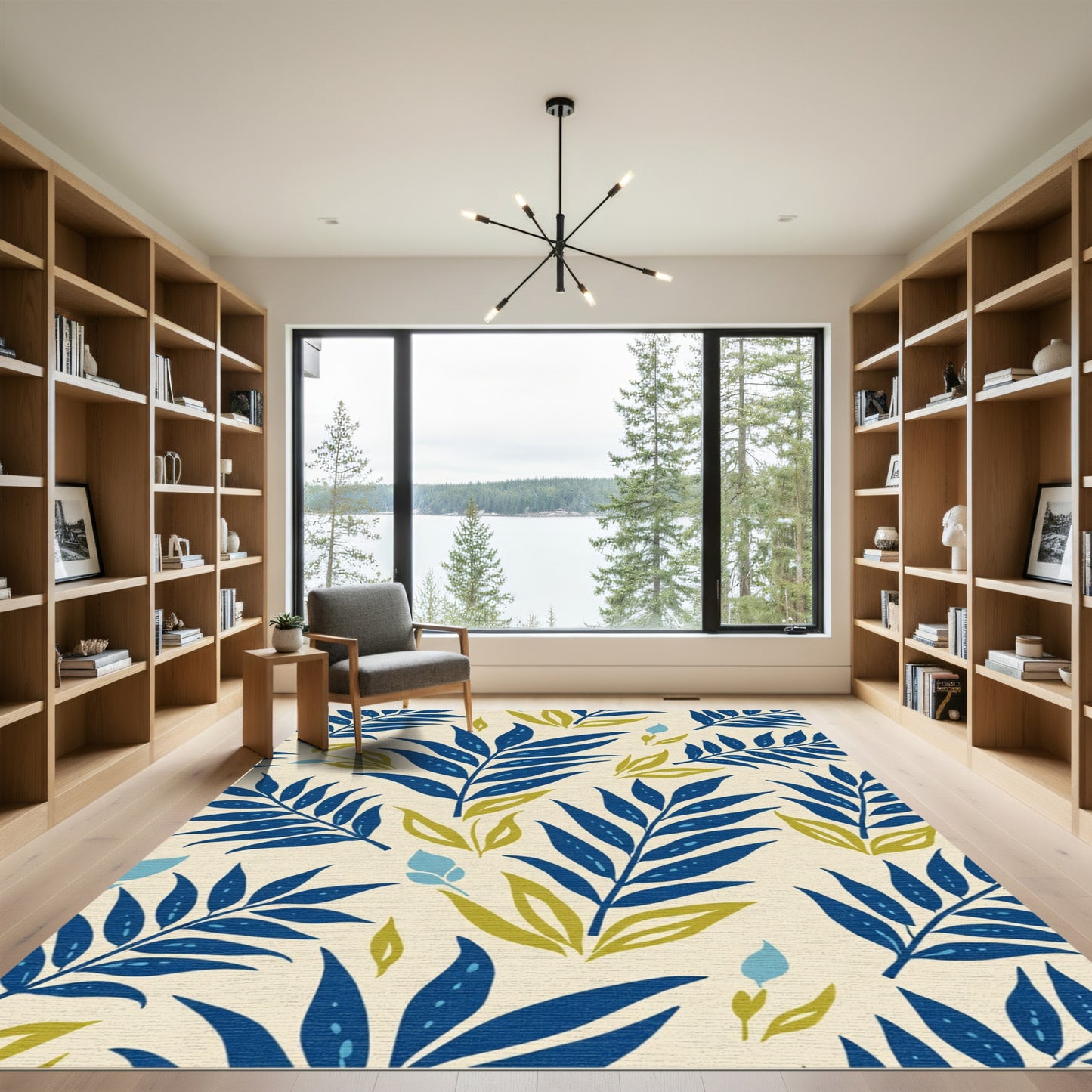 Deep Blue Leafy Tropical Collage Rug