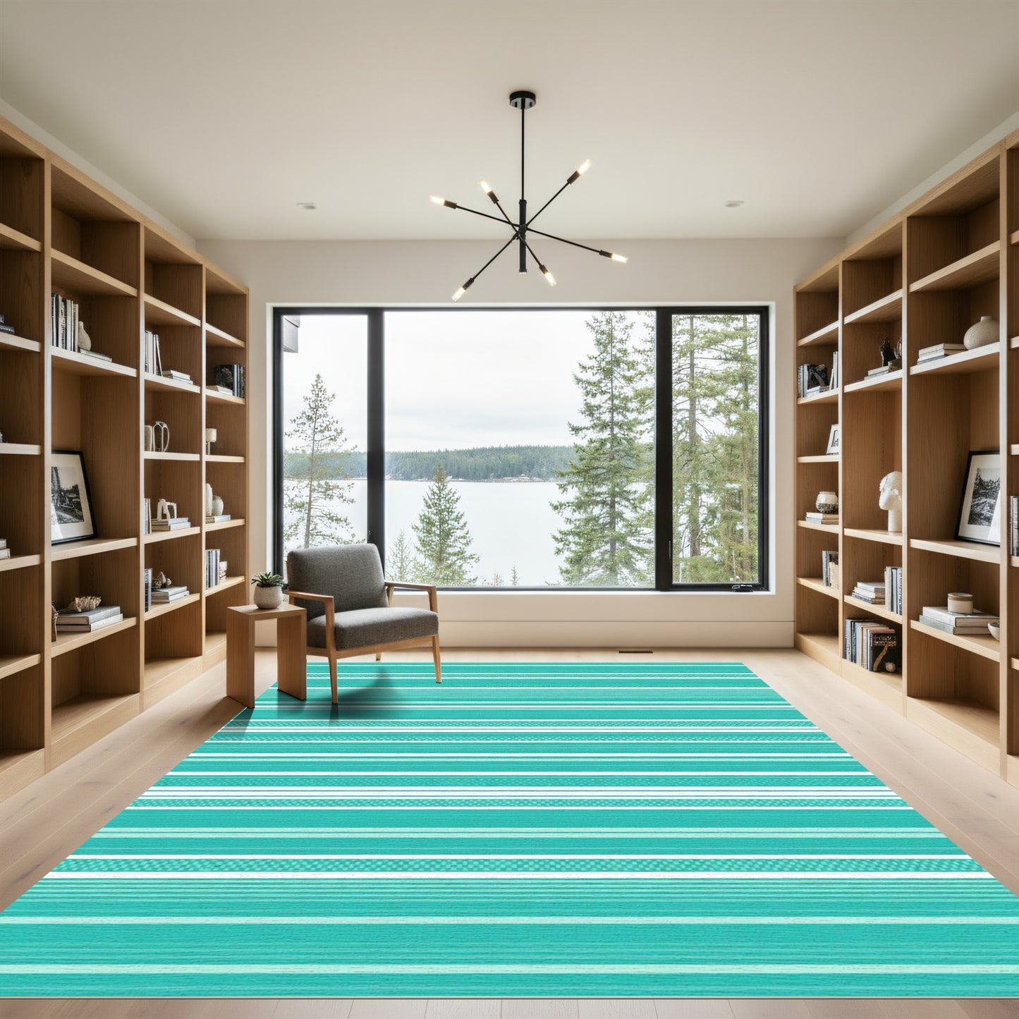 Teal Aqua White Striped Contemporary Rug