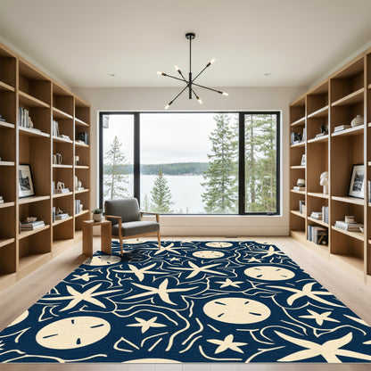 Deep Navy Cream Starfish Sand Dollar Rug