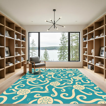 Teal Cream Whimsical Sun Swirl Rug
